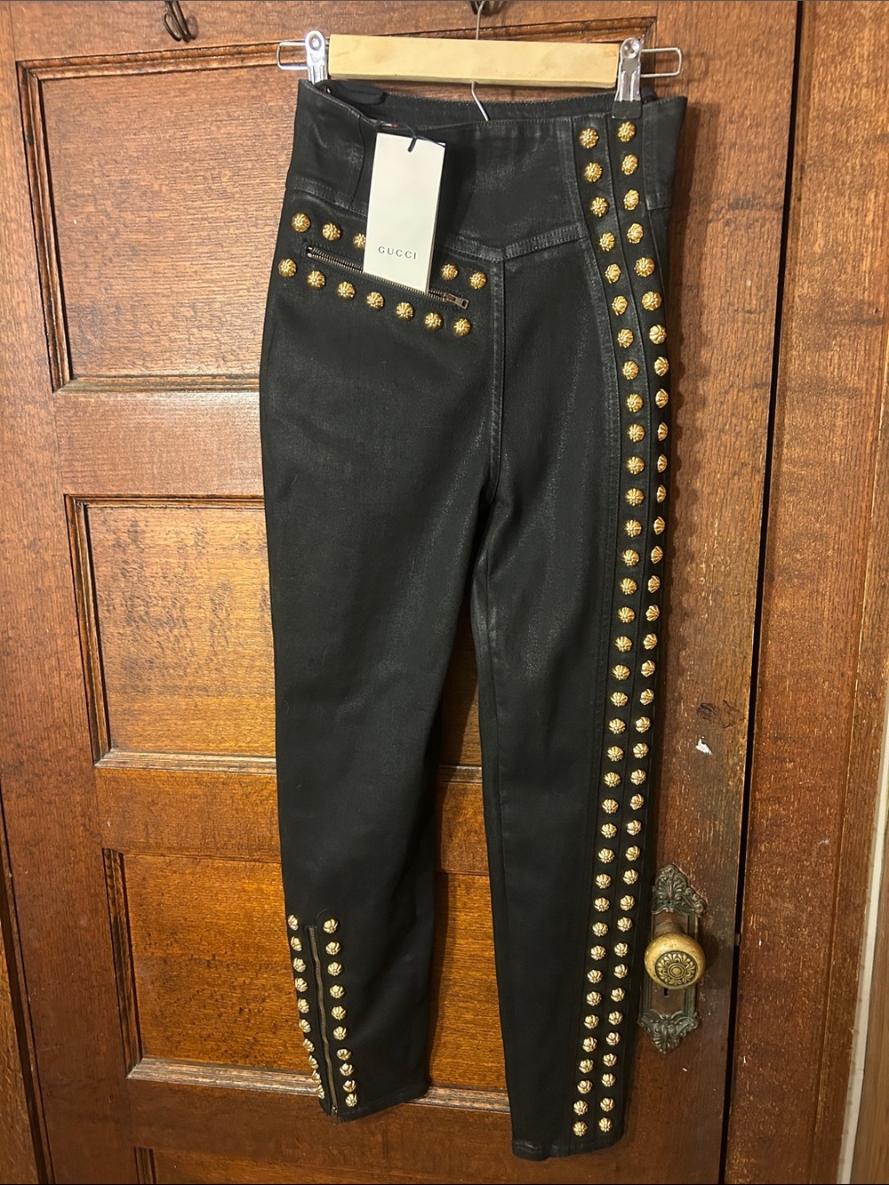 Gucci Black Coated Denim Skinny Pants with Gold Stud Trim NWT